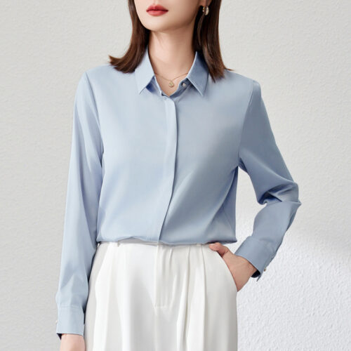 Women’s Graceful Satin Button-Down Shirt – Long Sleeve Business Blouse